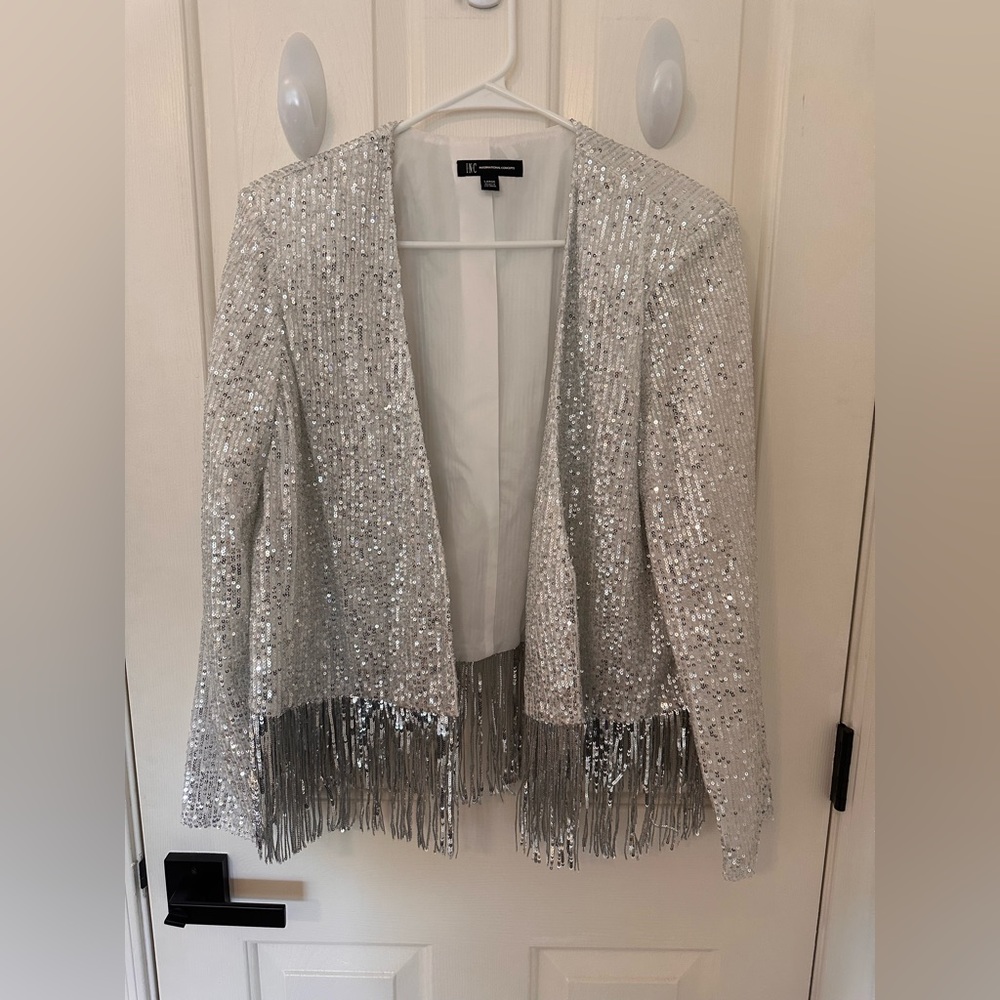 INC SEQUIN JACKET WITH FRINGE HEM